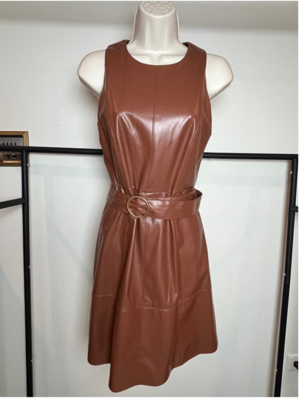 Taylor Leather Midi Dress Sleeveless Faux Brown Size 8 Preppy Boho Western
